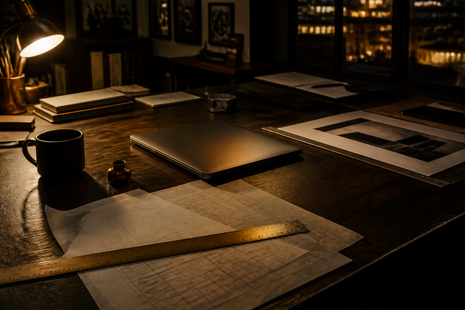 A dark studio workbench with tracing paper, a brass ruler, and warm lamp light.