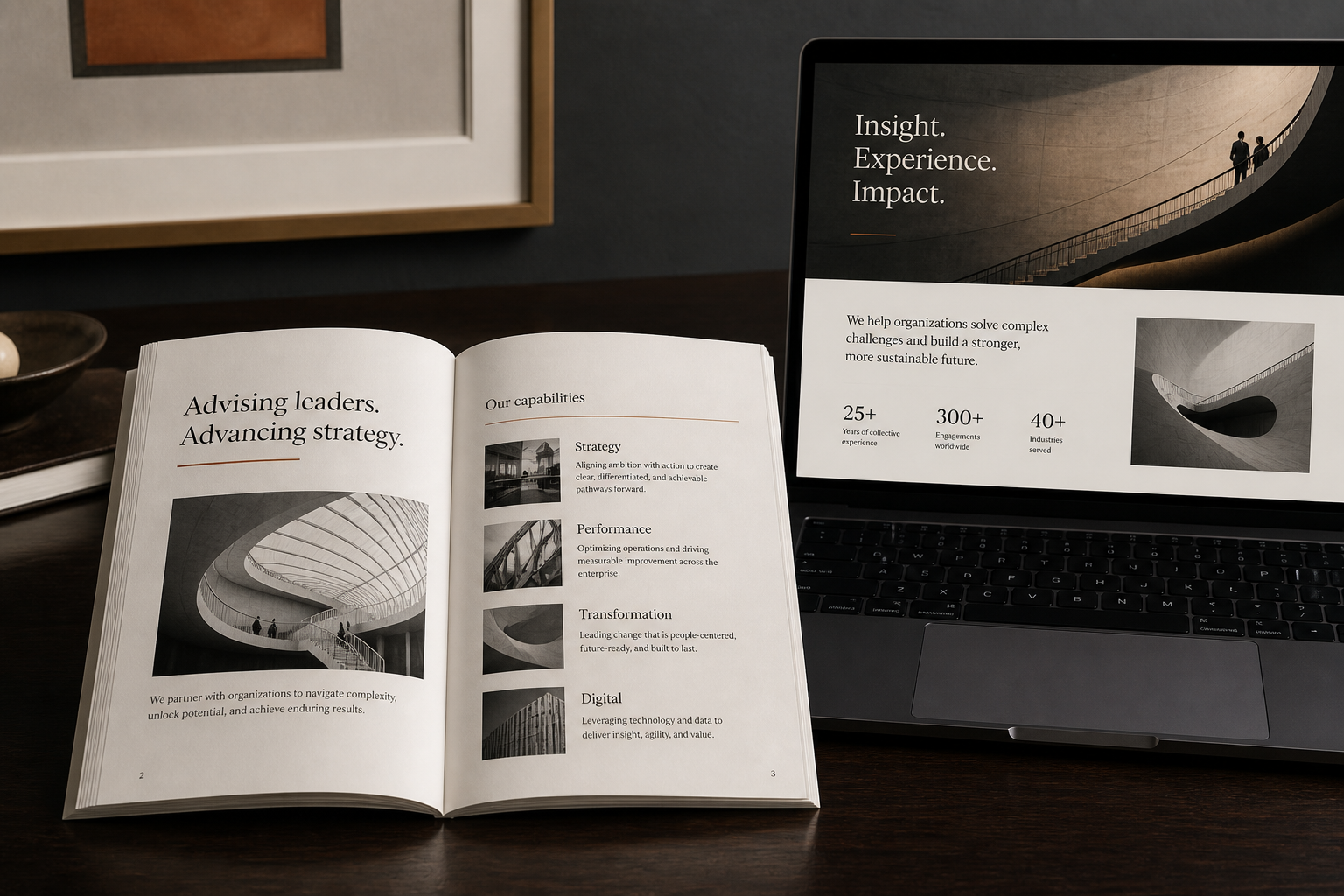 Printed magazine spread beside a corporate website.